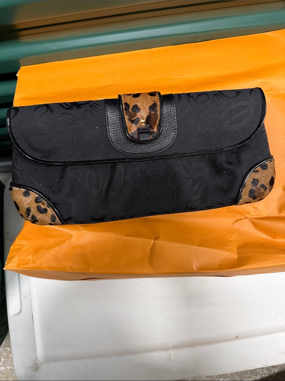 bebe Black Clutch with Leopard Accent
